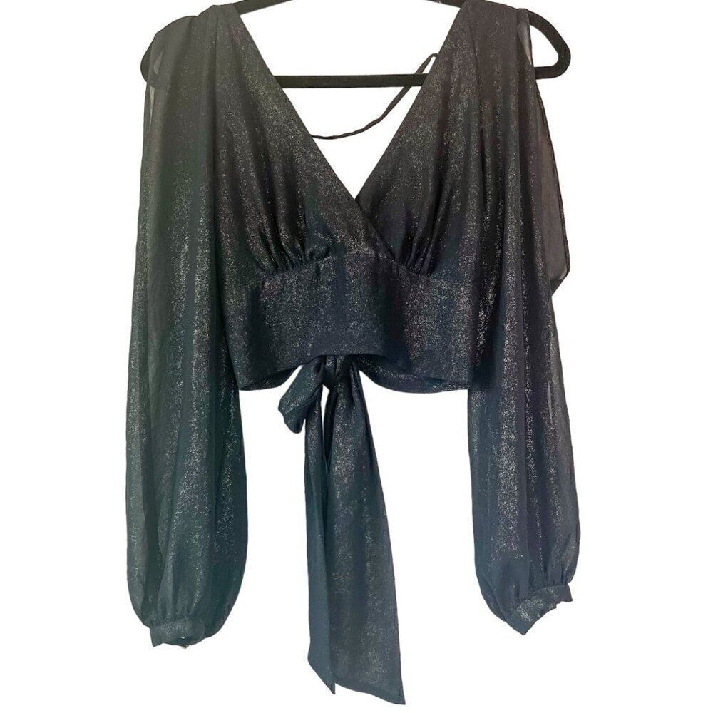 Bebe Black Shimmer Tie Back Blouse Size Small